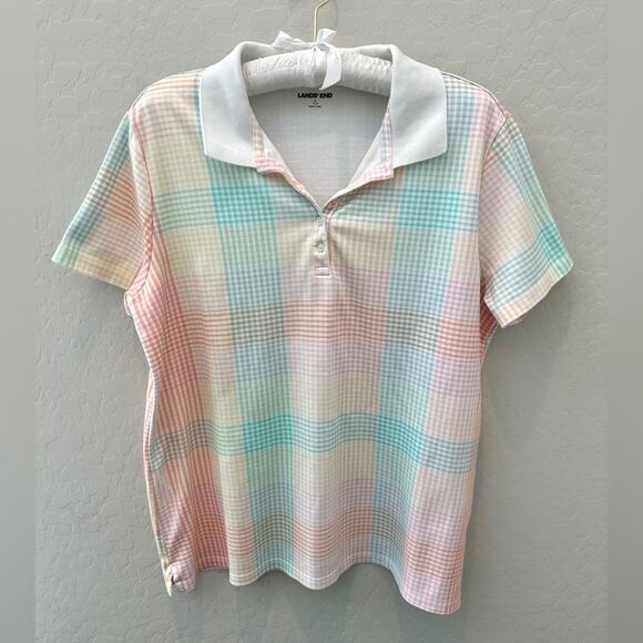 LAND'S END | Plaid Pastel Multicolor Short Sleeve Classic Polo Top | Large 14/16 - Picture 1 of 7